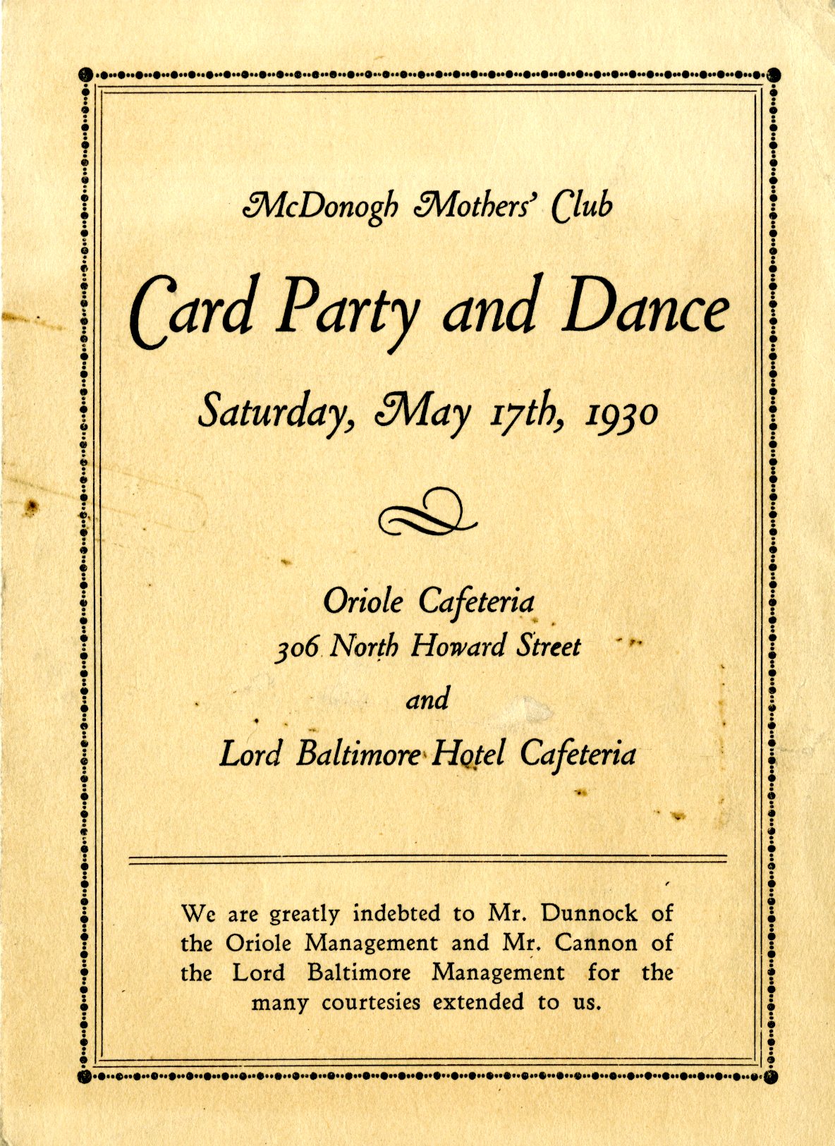 McDonogh Mothers Club Card Party and Dance Program